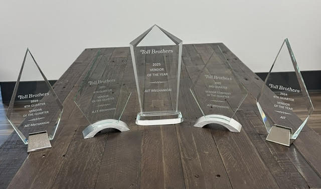 AIT Mechanical's five Toll Brothers awards, including Vendor of the Year 2024 and 2025, for HVAC work in Orlando, FL